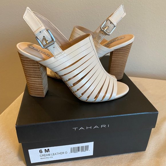 Tahari Makailyn Cream Leather Chunky Heel Sandal - Size 6M - Excellent Condition - Picture 1 of 7
